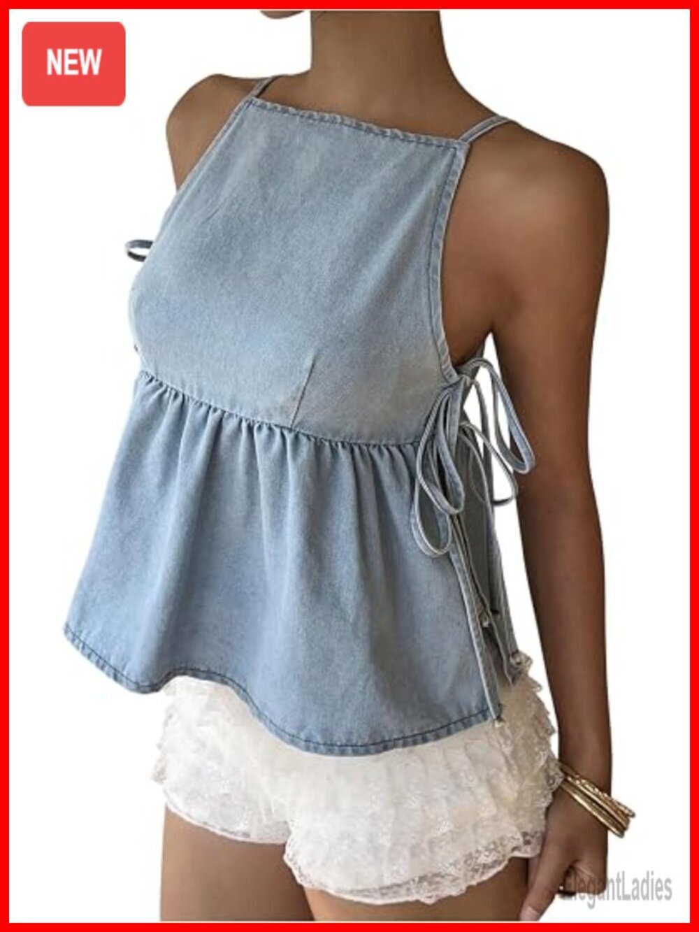Tie Side Ruffle Denim Cami Top Sleeveless Peplum Cami